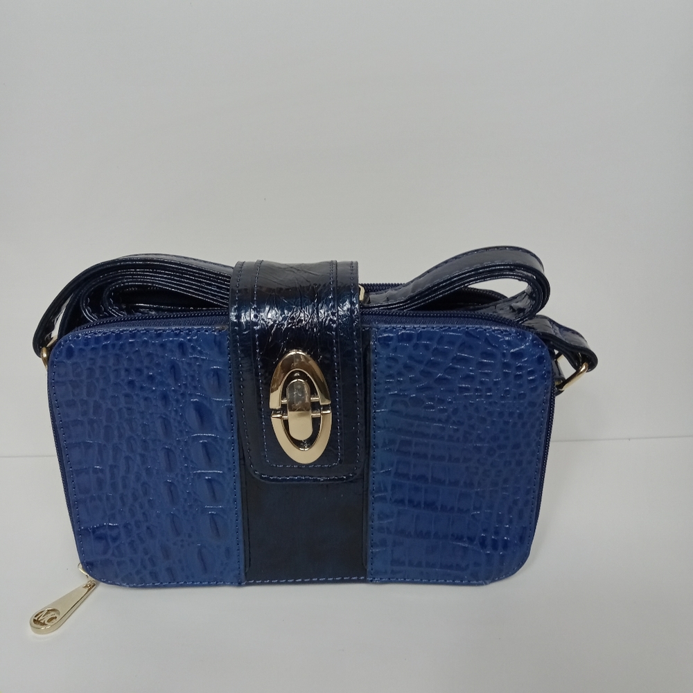 Madi Claire Croco Embossed Navy Blue 2 Tone Leather Crossbody with Gold Hardware